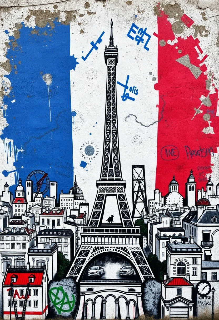 Graffiti style of the city of Paris with the Eiffle Tower in the middle and the French flag in the background, street art, mural, high quality, high resolution