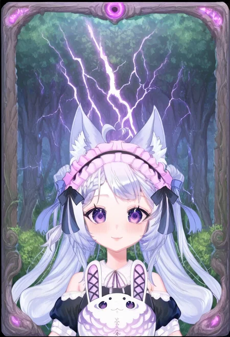 score_9,score_8_up,score_7_up, source_anime,
hyper-detailed, masterpiece, best quality,
(simfonira, source_reference),source_screen_good, model_type_fox,ears_fox, outfit_maid,maid, hair_tails,twintails, long hair, hair bow, eyes_purple,purple eyes,
upper body,
Card, Tarot, graphic border, Illustrative,
pink atmosphere, obsidian stone, skeuomorphic, detailed,
Smiling eyes,
forest background,
Lustful personality,
Jewelry, Extravagant, Shoulderless,
side view,
glowneon, glowing, lightning