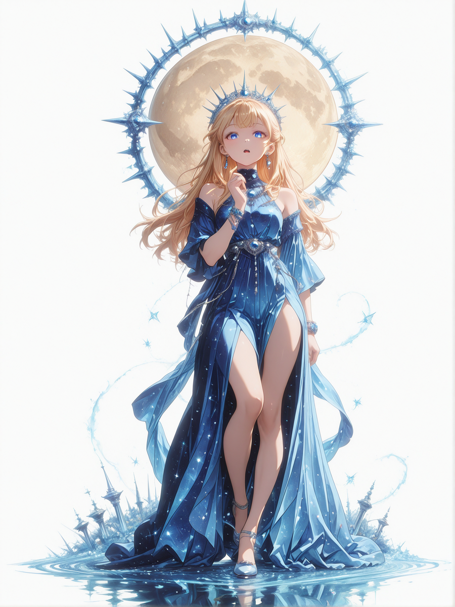 (white background, sssplash, full body:1.2), 
 1girl, solo, lazypos, anime-style digital drawing, low angle side view, looking at viewer, soft pastel colors, detailed and delicate, whimsical and dreamy, soft shading, detailed textures, gentle and innocent expression, intricate and ornate, elegant and charming, anime girl, delicate and feminine, soft and gentle colors. night, moon, moonlight, outdoors, standing, hand up,  blonde hair, open eyes, singing,  dress, blue dress, long dress, starry sky print, evening gown, halterneck, jewelry, gem, blue gemstone, bare shoulders, single bare shoulder, asymmetrical sleeves, side slit, bracelet, earrings