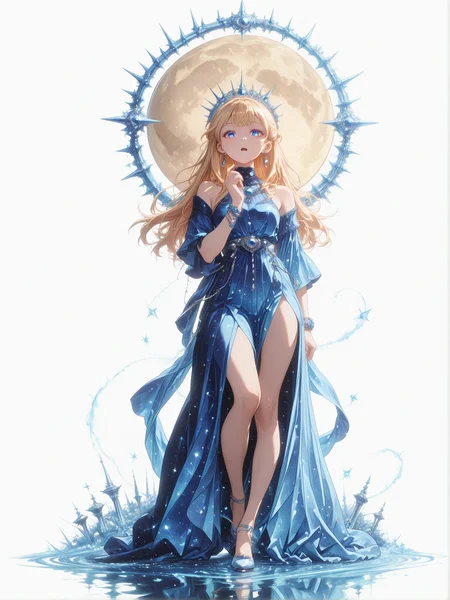 (white background, sssplash, full body:1.2), 
 1girl, solo, lazypos, anime-style digital drawing, low angle side view, looking at viewer, soft pastel colors, detailed and delicate, whimsical and dreamy, soft shading, detailed textures, gentle and innocent expression, intricate and ornate, elegant and charming, anime girl, delicate and feminine, soft and gentle colors. night, moon, moonlight, outdoors, standing, hand up,  blonde hair, open eyes, singing,  dress, blue dress, long dress, starry sky print, evening gown, halterneck, jewelry, gem, blue gemstone, bare shoulders, single bare shoulder, asymmetrical sleeves, side slit, bracelet, earrings