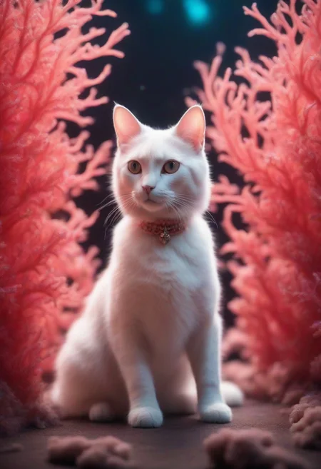A cute cat next to a dog, both made of coral, realistic fantasy, good composition, soft lighting, bokeh