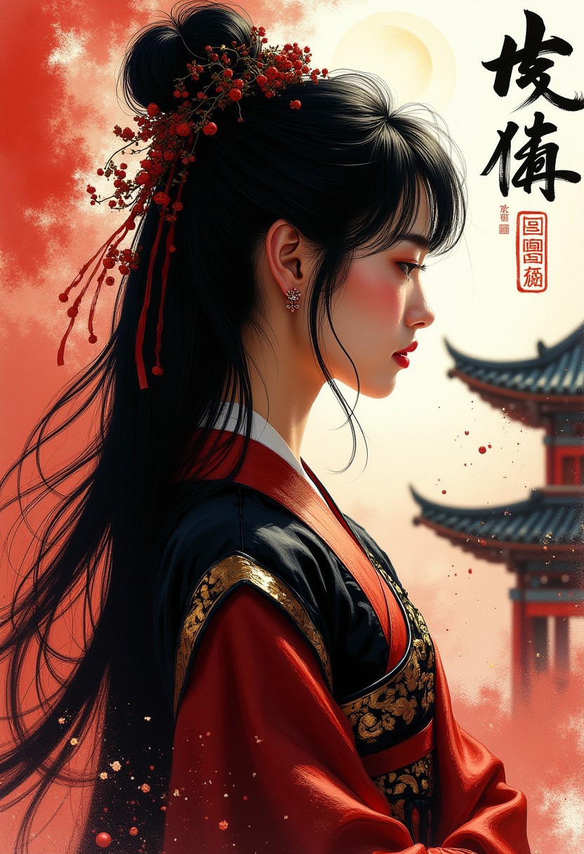 closeup side portrait of korean princess wearing silk black, red and gold ceheongsam, messy long straight-cut bob, bangs, multicoloured hair, black with blonde and red highlights, chiascuro, silhouetted in moonlight, abstract background suggesting traditional eastern architecture, BREAK. henna and carmine, in a faded smudged brush strokes calligraphy ink style, minimal brush strokes, red and black theme, with chinese text