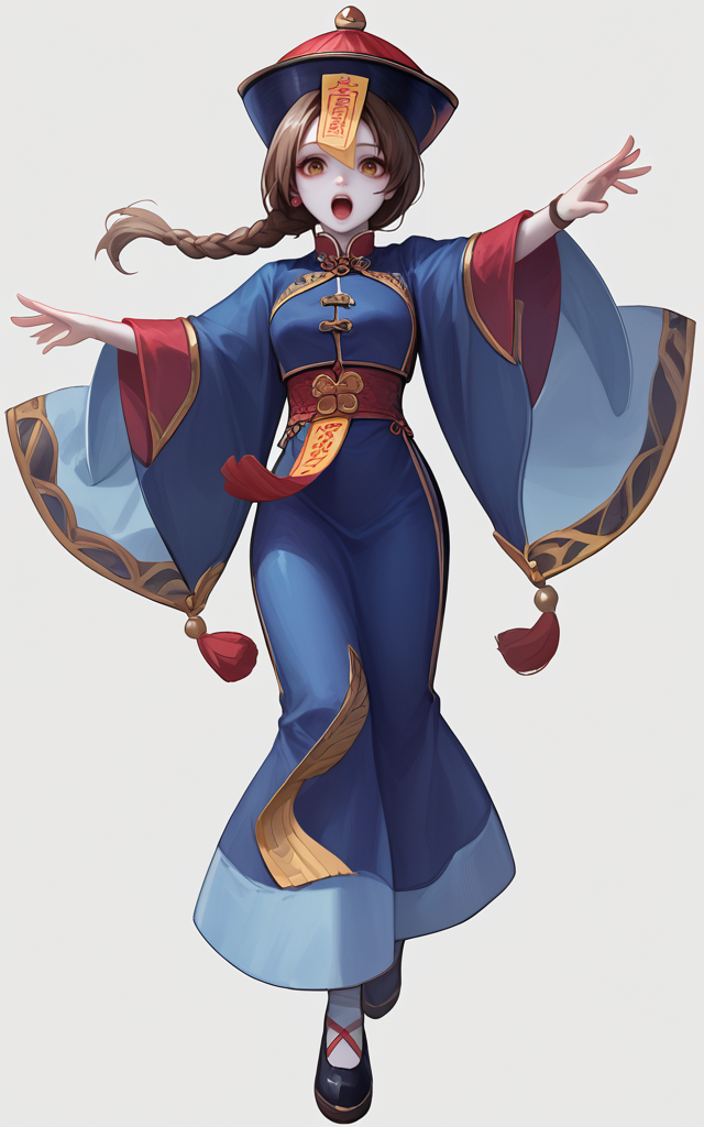 score_9,score_8_up,score_7_up,
<lora:jiangshiPony:1>,
jiangshi,1girl,solo,hat,braid,brown hair,qing guanmao,long hair,full body,pale skin,chinese clothes,colored skin,open mouth,outstretched arms,ofuda,white background,single braid,braided ponytail,brown eyes,simple background,looking at viewer,transparent background,zombie pose,