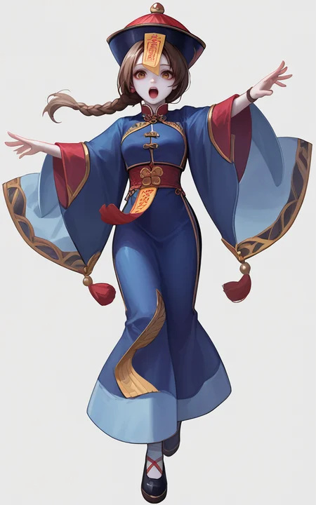 score_9,score_8_up,score_7_up,
<lora:jiangshiPony:1>,
jiangshi,1girl,solo,hat,braid,brown hair,qing guanmao,long hair,full body,pale skin,chinese clothes,colored skin,open mouth,outstretched arms,ofuda,white background,single braid,braided ponytail,brown eyes,simple background,looking at viewer,transparent background,zombie pose,
