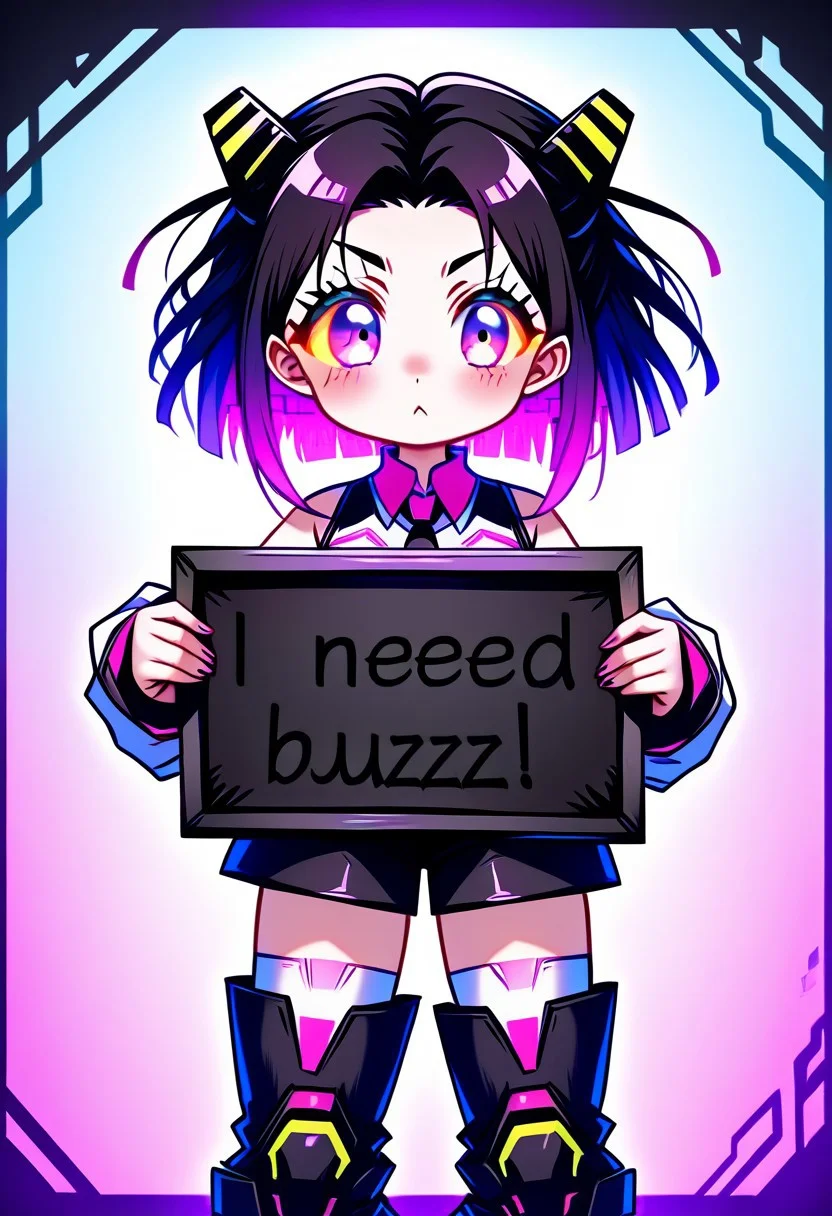need_buzz, holding sign, kawaii cute demon girl, short hair,neon hair,,hair ornament,dreadlocks,hair between eyes,parted bangs, big eyes, white shirt,collared shirt,,sleeveless shirt, black necktie,,sleeves,,fringe,white thighhighs, foldup miniskirt,holographic skirt,zettai ryouiki,thigh boots,colorful cyberpunk light background