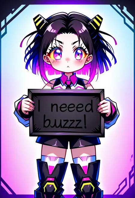 need_buzz, holding sign, kawaii cute demon girl, short hair,neon hair,,hair ornament,dreadlocks,hair between eyes,parted bangs, big eyes, white shirt,collared shirt,,sleeveless shirt, black necktie,,sleeves,,fringe,white thighhighs, foldup miniskirt,holographic skirt,zettai ryouiki,thigh boots,colorful cyberpunk light background