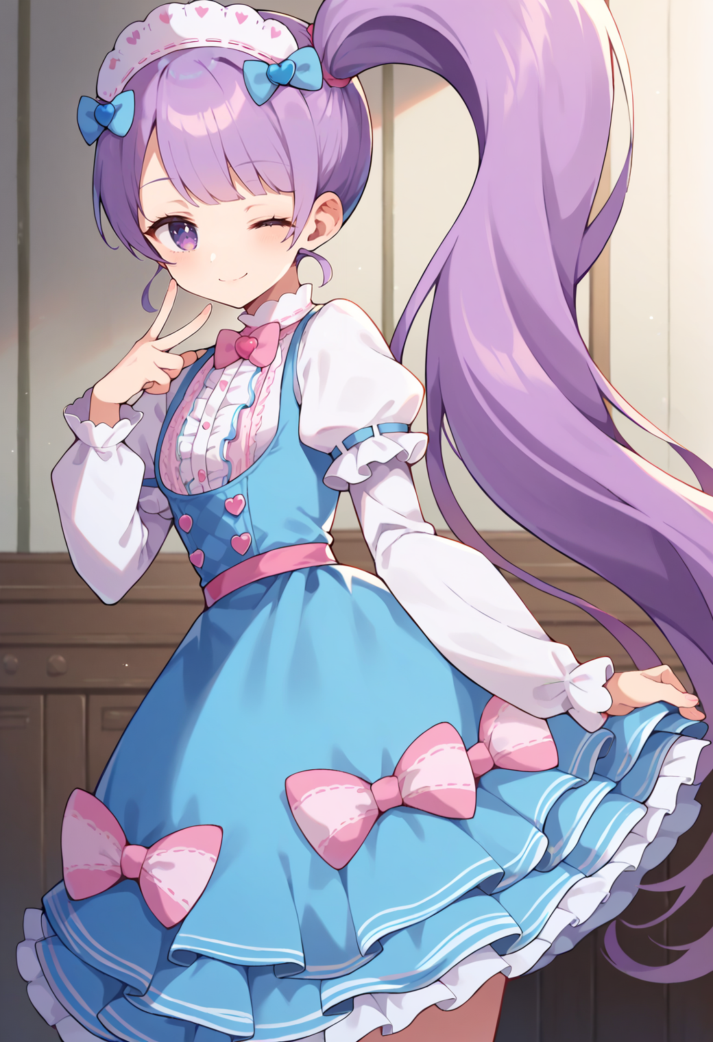 score_9, score_8_up, score_7_up, score_6_up, score_5_up, score_4_up, source_anime,
solo, 1girl, prinonb, side ponytail, very long hair, purple eyes, 
blue dress, plaid, maid headdress, hair bow, blue bow, pink bow, puffy sleeves, long sleeves, ribbon trim, 
looking at viewer, smile, closed mouth, half-closed eyes, 
<lora:_manaka_non-elesico-pony-e12:0.9>