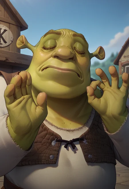 score_9, score_8_up, score_7_up, pachameme, hands up, ok sign, closed eyes, <lora:PachaMeme_pdxl_Incrs_v1:1>,  <lora:Shrek_XLPD:1> shrek, green skin