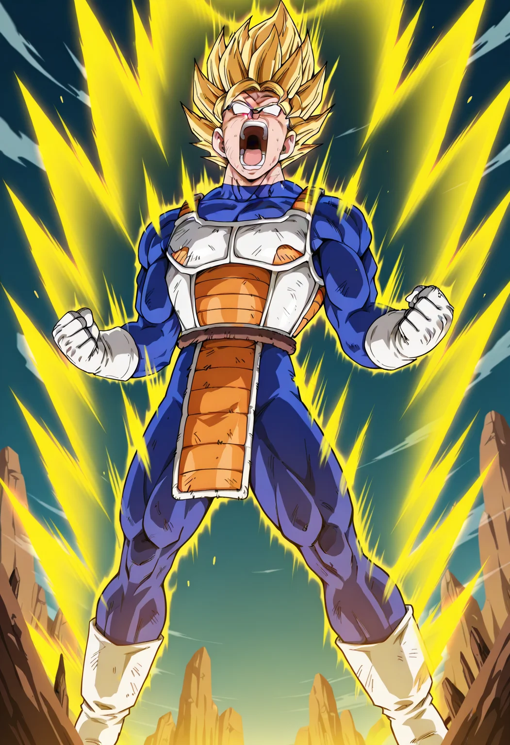 masterpiece, best quality, high resolution, source_anime, highly detailed illustration, detailed eyes,
very aesthetic, absurdres, newest, amazing quality,
<lora:shidbzpowerupV1ill:1>, shidbpowerup, solo, open mouth, blonde hair, 1boy, gloves, standing, full body, male focus, white gloves, armor, muscular, bodysuit, spiked hair, clenched hands, aura, shouting, blue bodysuit, energy, super saiyan, screaming, saiyan armor, vegeta
