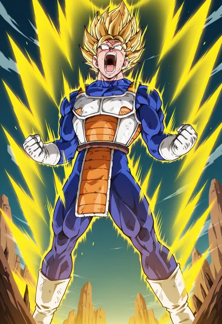 masterpiece, best quality, high resolution, source_anime, highly detailed illustration, detailed eyes,
very aesthetic, absurdres, newest, amazing quality,
<lora:shidbzpowerupV1ill:1>, shidbpowerup, solo, open mouth, blonde hair, 1boy, gloves, standing, full body, male focus, white gloves, armor, muscular, bodysuit, spiked hair, clenched hands, aura, shouting, blue bodysuit, energy, super saiyan, screaming, saiyan armor, vegeta