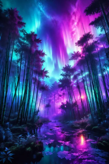 mystic swamp with glowing mist, morph-aurora, bamboo forest with tall stalks, detailed background, best quality, vibrant colors, realistic style, high detail, hyper-realistic, highres, 4K resolution, realistic photo, masterpiece, ultra-detailed, luminous sky, purples and blues, radiant shine, medium shot, <lora:add-detail-xl:1> <lora:aurora_0_100_V1-000009:0.65>