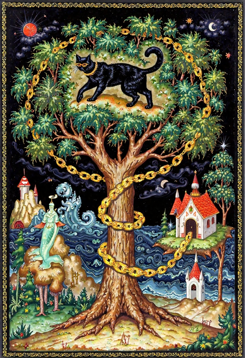 Clip L palech_style   A  view of an old oak tree surrounded by golden chains, A black cat in gold glasses, tail in the air, walks like a trumpet along a massive gold chain wrapped around the trunk of a thausend-year-old oak tree, a mermaid who sits on the branches of a tree, there are secret and mysterious paths, traces of unknown and fantastic animals, a small, fairy-tale hut stands on high bird legs, has no windows or the windows are missing, and has no doors or the door is missing, thick, dark trees overflow the forest, green grass overflows the valley, many mythical and supernatural phenomena of visions, at the beginning of the world, when everything is still sweet and peaceful, giant waves of the ocean will approach the shores, on a deserted, lifeless sandy shore, where a group of thirty young knights-heroes appear accompanied by Illustration in the palech styleT5XXLpalech_style   A  view of an old oak tree surrounded by golden chains, A black cat in gold glasses, tail in the air, walks like a trumpet along a massive gold chain wrapped around the trunk of a thausend-year-old oak tree, a mermaid who sits on the branches of a tree, there are secret and mysterious paths, traces of unknown and fantastic animals, a small, fairy-tale hut stands on high bird legs, has no windows or the windows are missing, and has no doors or the door is missing, thick, dark trees overflow the forest, green grass overflows the valley, many mythical and supernatural phenomena of visions, at the beginning of the world, when everything is still sweet and peaceful, giant waves of the ocean will approach the shores, on a deserted, lifeless sandy shore, where a group of thirty young knights-heroes appear accompanied by Illustration in the palech style