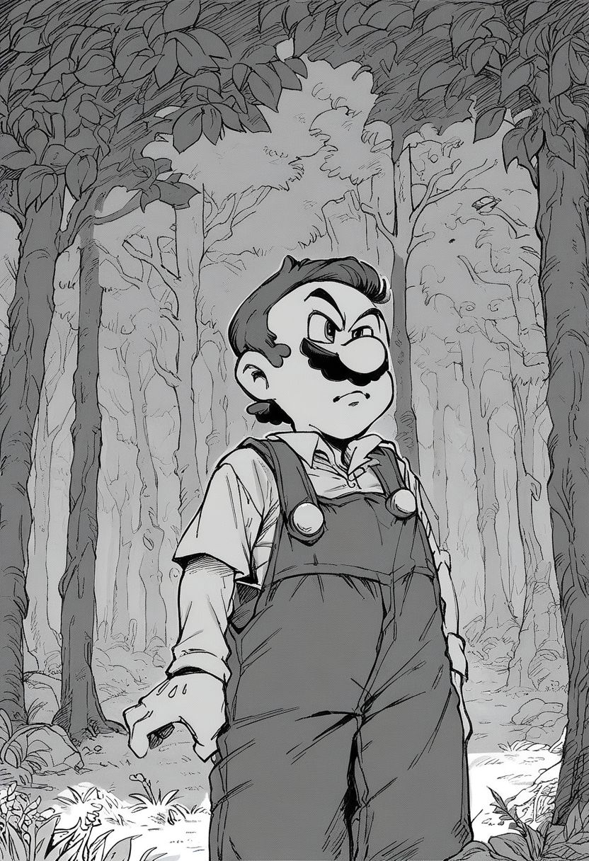 score_7_up, score_8_up, score_7_up, 1guy, solo, mario, overalls, sleeved shirt, monochrome, grayscale, forest, cowboy shot