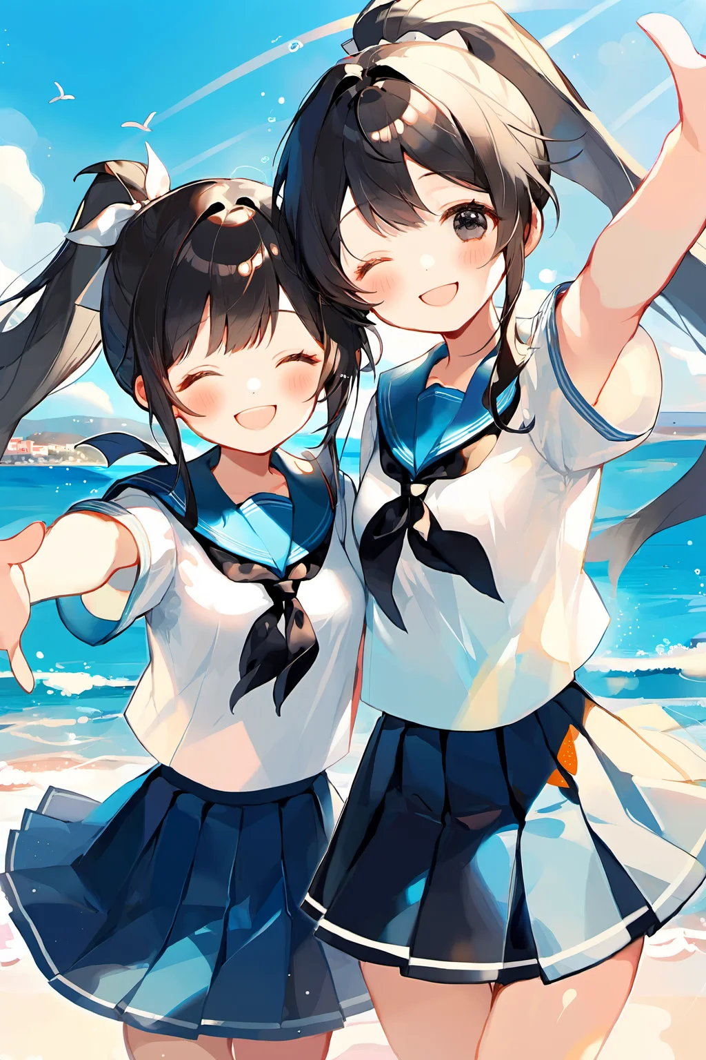 masterpiece, cute style, aesthetic style, 2girls, beach, black eyes, black hair, neckerchief, blue sailor collar, blue skirt, closed eyes, long hair, looking at viewer, ocean, outdoors, outstretched arms, ponytail, school uniform, serafuku, short sleeves, sky, smile, white sailor collar, white shirt