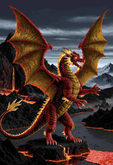score_9, score_8_up, score_7_up, BREAK,
heroes2, pixel art, sharp lighting, lava dragon, fire body, fire dragon, wings, glowing, inner glow, lava body, standing, rearing, wings up, glowing horns, winter, mountains, outdoors, detailed background, full body, wings, solo, subsurface scattering, detailed, from front, night, dark, roar, night sky, lava, magma, wasteland, volcano, detailed background, smoke,
<lora:HoMMv6_S98:1>,