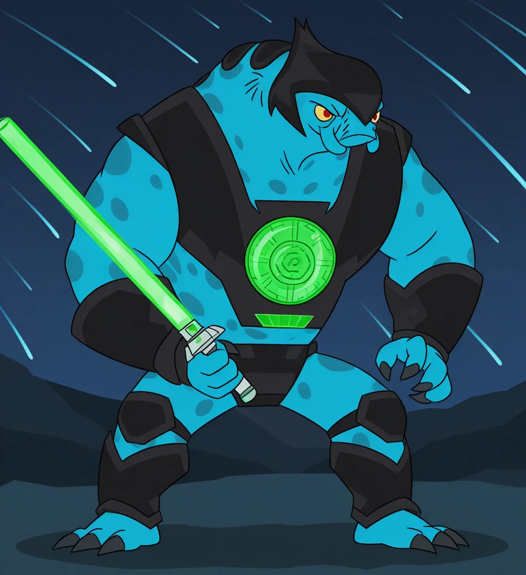 high resolution, best quality, absurd res, 4k, flat colors, solo, angry, male, front view, holding green lightsaber, sword stance, backlighting, meteor shower background, <lora:Zenblock_-_Supernoobs_-_IL:1> zenblocksn, alien, humanoid, blue skin, spotted skin, mandibles, thick arms, broad shoulders, thick neck, claws, yellow sclera, red eyes, black helmet, black armor, chest armor, black bracers, black codpiece, black knee pads, ankle armor, green emblem, 2 toes, barefoot, toe claws