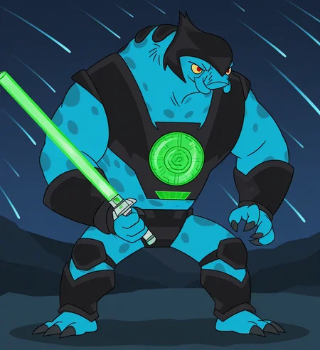 high resolution, best quality, absurd res, 4k, flat colors, solo, angry, male, front view, holding green lightsaber, sword stance, backlighting, meteor shower background, <lora:Zenblock_-_Supernoobs_-_IL:1> zenblocksn, alien, humanoid, blue skin, spotted skin, mandibles, thick arms, broad shoulders, thick neck, claws, yellow sclera, red eyes, black helmet, black armor, chest armor, black bracers, black codpiece, black knee pads, ankle armor, green emblem, 2 toes, barefoot, toe claws