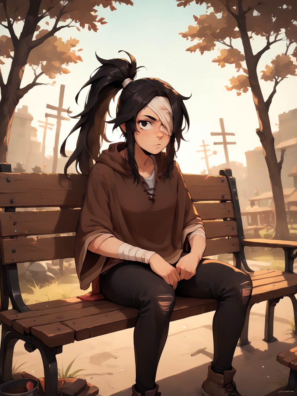 score_9, score_8_up, score_7_up,  score_6_up, BREAK, BudArmstrong, solo, 1girl, long hair, black hair, ponytail, black eyes, bandage over one eye, bandaged arm, one eye covered, in the forest, bench, sitting on a bench, looking at viewer  <lora:Buddy_Armstrong:0.9>
