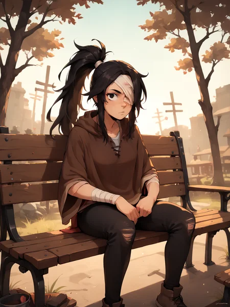 score_9, score_8_up, score_7_up, score_6_up, BREAK, BudArmstrong, solo, 1girl, long hair, black hair, ponytail, black eyes, bandage over one eye, bandaged arm, one eye covered, in the forest, bench, sitting on a bench, looking at viewer <lora:Buddy_Armstrong:0.9>