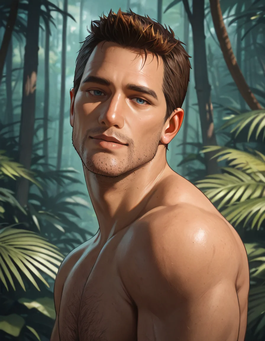 masterpiece, best quality, absurdres, newest, perfect quality, best quality, absolutely eye-catching, detailed background, intricate details, male focus, solo, realistic, <lora:Uncharted - Nathan - Illustrious 2_1-000004:0.7>, uncharteddrake, 1boy, mature male, very short hair, blue eyes, stubble, topless, outdoors, jungle, looking at viewer, head tilt, beckon, upper body, sparse body hair, seductive look
