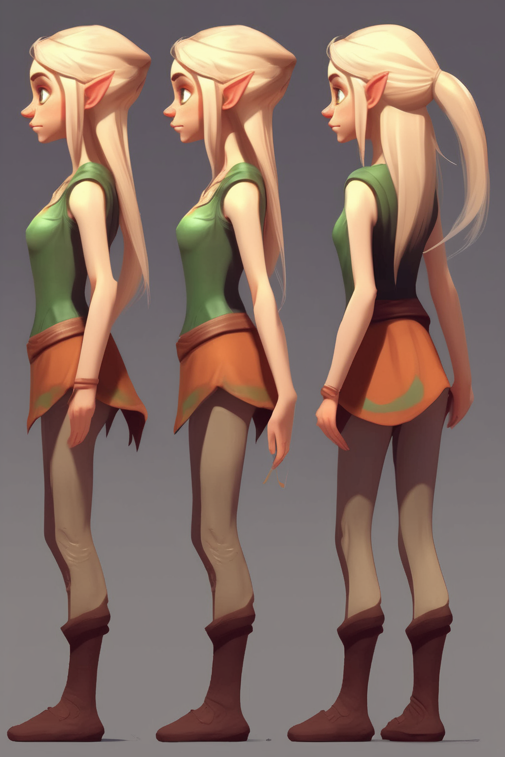 <lora:Character Design:1>Character Design - elves character concept girl thin cute 360 degrees full turnaround full height simple cartoon style less detail full body front view back view side view minimalist blonde hair 2d