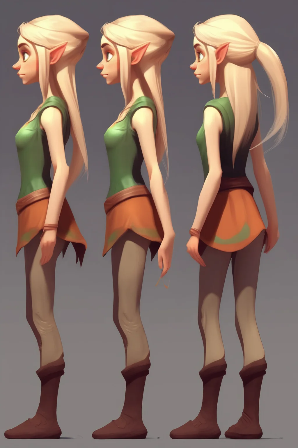 <lora:Character Design:1>Character Design - elves character concept girl thin cute 360 degrees full turnaround full height simple cartoon style less detail full body front view back view side view minimalist blonde hair 2d