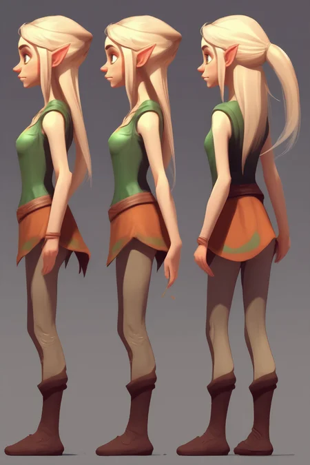 <lora:Character Design:1>Character Design - elves character concept girl thin cute 360 degrees full turnaround full height simple cartoon style less detail full body front view back view side view minimalist blonde hair 2d