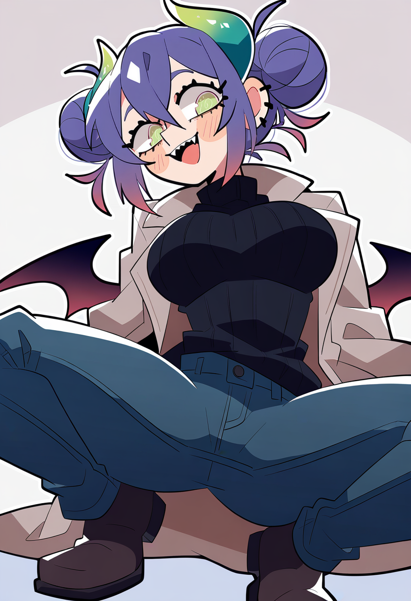 1girl, (monster girl, green horns, bat wings), kids,  purple hair, short hair,  hair bun,      curvy,  
BREAK   1girl, wide pelvis, squat, leg spread,   open mouth,   
BREAK              turtleneck sweater, long coat, jeans,    
BREAK, (vanripper:1.1), (bloom2425:0.9), uekura eku, thick outlines, masterpiece, best quality, very aesthetic, absurdres, highres, very awa, newest, <lora:ponyv5_noobV065S_1_adamW:0.7>, <lora:lora:0.45>