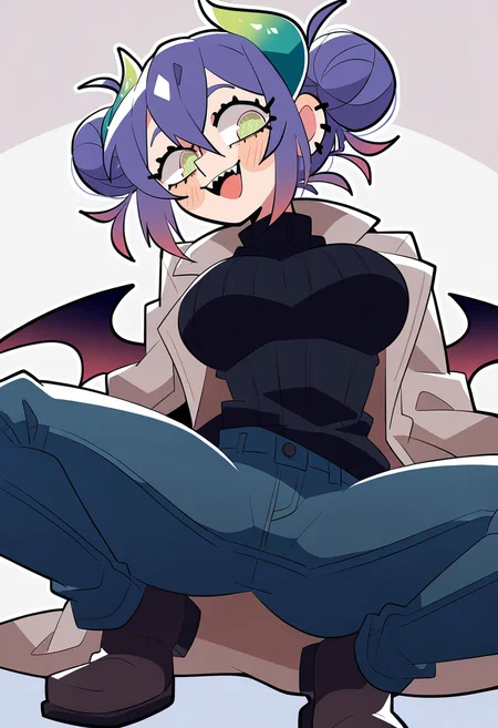 1girl, (monster girl, green horns, bat wings), kids,  purple hair, short hair,  hair bun,      curvy,  
BREAK   1girl, wide pelvis, squat, leg spread,   open mouth,   
BREAK              turtleneck sweater, long coat, jeans,    
BREAK, (vanripper:1.1), (bloom2425:0.9), uekura eku, thick outlines, masterpiece, best quality, very aesthetic, absurdres, highres, very awa, newest, <lora:ponyv5_noobV065S_1_adamW:0.7>, <lora:lora:0.45>