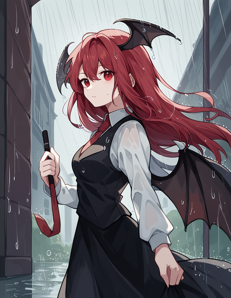 score_9, score_8_up, score_7_up, source_anime, <lora:koakuma-ponyxl-lora-nochekaiser:1>, koakuma, red eyes, red hair, long hair, sidelocks, medium breasts,, bat wings, black dress, black pantyhose, black skirt, black vest, dress, head wings, long sleeves, multiple wings, necktie, pantyhose, red necktie, shirt, skirt, vest, white shirt, wings,, rainy day, umbrella, walking home, puddles, wet hair, , from side, looking at viewer, solo,, dutch angle, cowboy shot