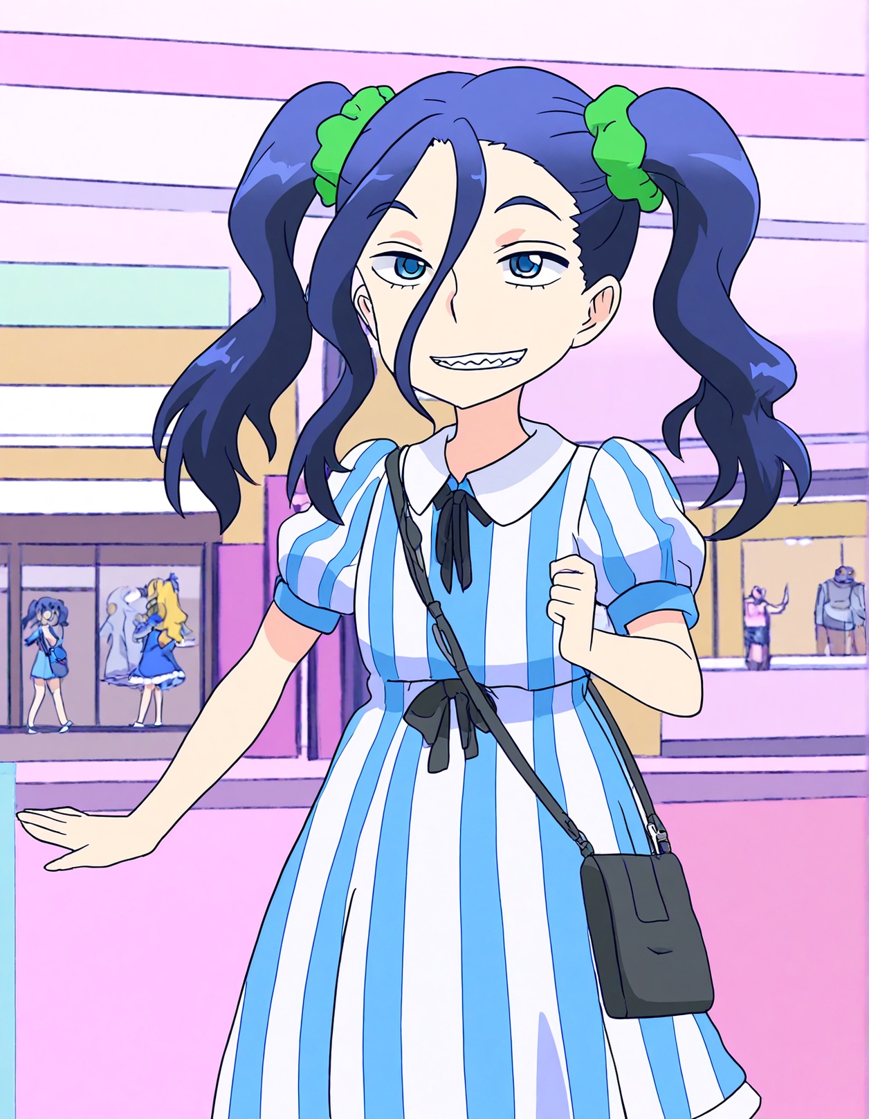 oshiete! galko-chan, 1girl, kibami, solo,blue eyes, sharp teeth, grin,   scrunchie,   long hair,hair between eyes, blue hair, twintails, blue dress, striped dress, black ribbon,  collared dress, bag, mall, short sleeves, puffy sleeves,