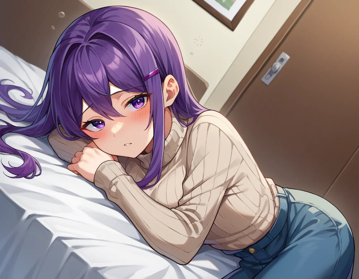 score_9, score_8_up, score_7_up, source_anime,
ddlcyuri, <lora:ddlc-yuri-ponyxl-lora-nochekaiser:1>
ddlcyuri, hair ornament, hairclip, long hair, purple eyes, purple hair,
casual clothes, grey sweater, miniskirt, pants, ribbed sweater, skirt, sweater, turtleneck, turtleneck sweater,
indoors, bed, bed room, on side, blush, drunk,
looking at viewer, dutch angle, cowboy shot,