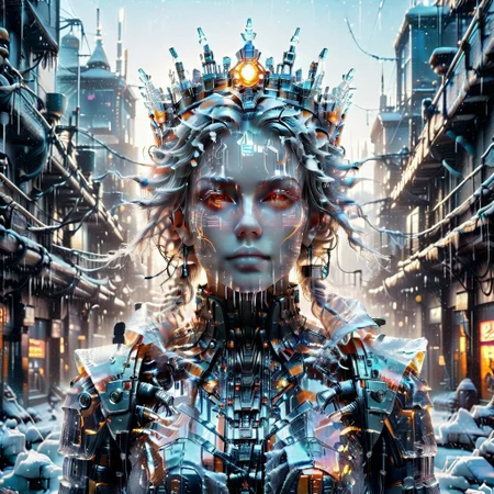 lazypos, 1c3_w1n73r, cyberpunk queen with translucent circuitry crown made of ice, glowing orange wires pulsing with heat, standing in a neon city frozen mid-flare, snow falling on melting rooftops
