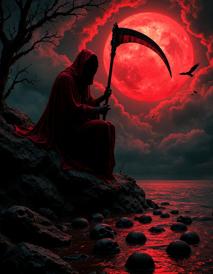 A grim reaper in a flowing red robe sits on a rocky outcrop by a body of water, holding a massive scythe. face is hidden, adding to the mystery. A massive full moon with a reddish glow illuminates the scene, casting eerie light across swirling red and black clouds. The moonlight reflects off the water, disturbed by sea of floating human skulls. Birds fly toward the moon, adding movement. The image is rich in contrast with dramatic lighting, enhancing the dark, foreboding atmosphere, <lora:aidmaMJ6.1:0.6>, <lora:fluxenhancer:0.3>, <lora:aidmaAbadonedHorror:0.6>