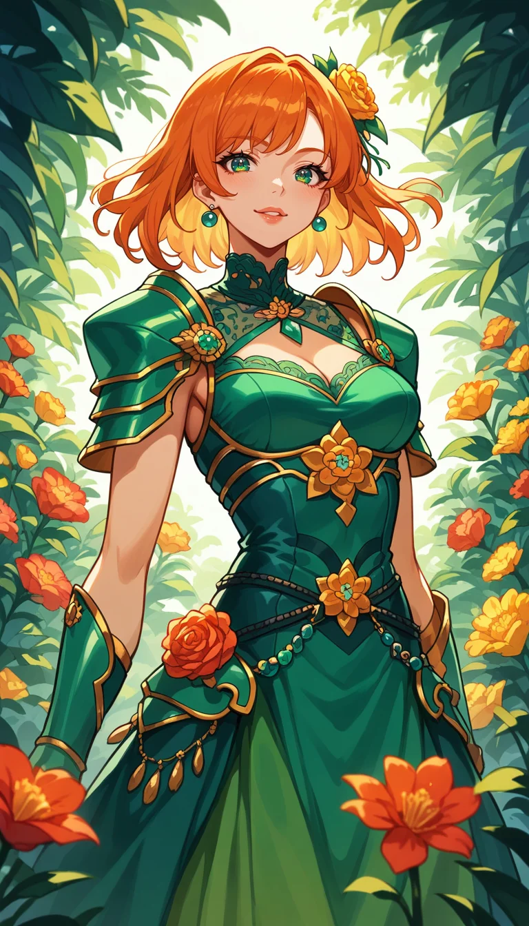 score_9, score_8_up, score_7_up, Anime Style, Cowboy Shot, girl, cute, seductive, innocent, light smile:0.3, plump lips, slender body, flower dress, colorful, flower armor, green theme, teal and orange:0.85, dim colors, low saturation, depth of field, dynamic angle, fashion photography, sharp, hyperdetailed:1.15