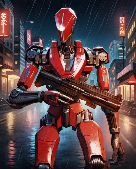 score_9, score_8_up, score_7_up, rating_questionable, intricately detailed,
<lora:Advent_Mec:0.8>,
1boy(red Advent_Heavy_Mec, red head, faceless robot head,
cowboy shot, holding gun,
,
looking at viewer, head turned to viewer, solo),
rain, wet street, wet, science fiction city, futuristic buildings, high rises, on a road, at night, darkness, rainfall, dark theme, detailed background, depth of field,
<lora:ral-chrosc-clr:0.5>, ral-chrosc-clr,
<lora:Expressive_H:0.5>, expessiveH,
<lora:xl_more_art-full_v1:0.3>,
<lora:add-detail-xl:0.3>