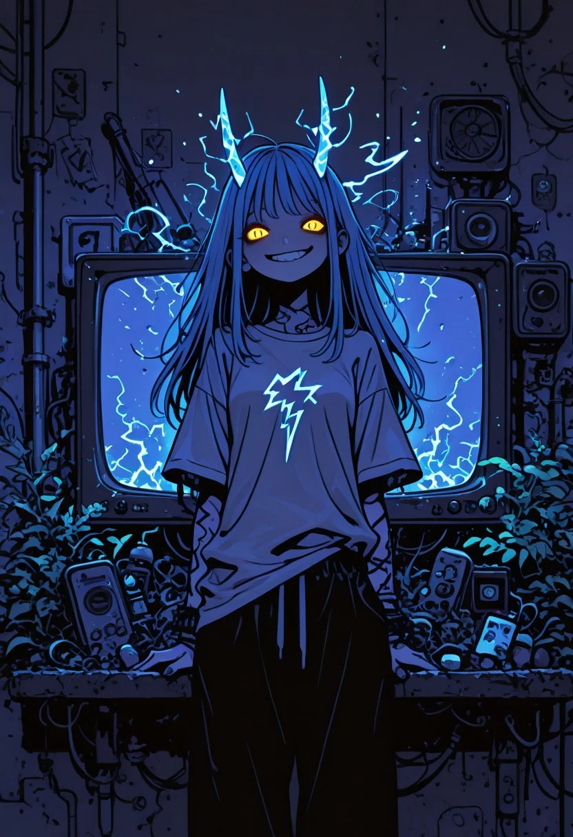 highres, very detailed, amazing quality, masterpiece,
very aesthetic, RBL-Illu, Flatline, Flat vector illustration,
particle effect, Cinematic, (flat lighting, flat color, flat design, no lineart:1),
1girl, beautiful eyes, goddess, goddess of thunder, pale skin, lightning crackling over skin, lightning horns, strong face, solo, blond hair, blue tips, long hair, straight hair, glowing eyes, yellow eyes, wide t-shirt, long t-shirt, sweatpants, trainers,
BREAK,
goddess theme, thunder theme,
pointing at a old tv, zap between finger and tv,
confident grin,
lightning crackling around her