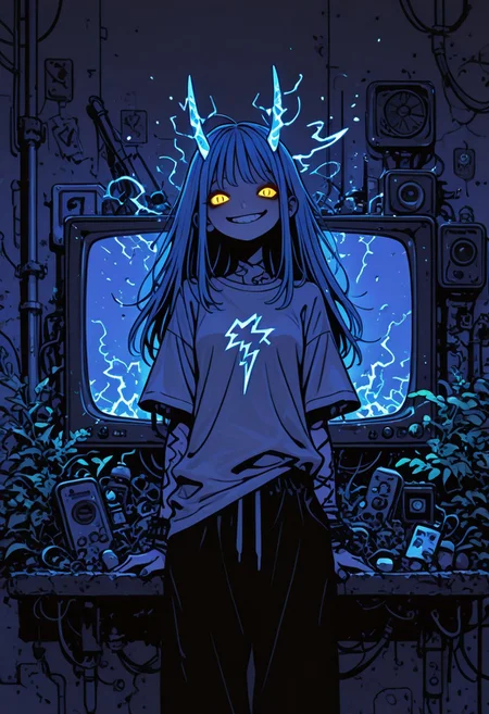 highres, very detailed, amazing quality, masterpiece,
very aesthetic, RBL-Illu, Flatline, Flat vector illustration,
particle effect, Cinematic, (flat lighting, flat color, flat design, no lineart:1),
1girl, beautiful eyes, goddess, goddess of thunder, pale skin, lightning crackling over skin, lightning horns, strong face, solo, blond hair, blue tips, long hair, straight hair, glowing eyes, yellow eyes, wide t-shirt, long t-shirt, sweatpants, trainers,
BREAK,
goddess theme, thunder theme, 
pointing at a old tv, zap between finger and tv,
confident grin, 
lightning crackling around her