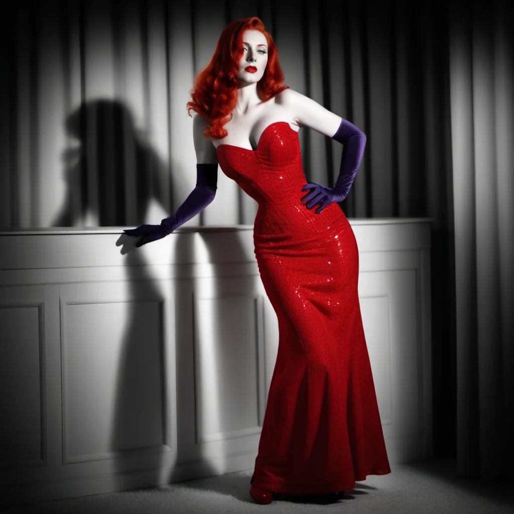 Film noir style a full body redhead woman wears a red longdress <lora:JR1024:0.8> . Monochrome, high contrast, dramatic shadows, 1940s style, mysterious, cinematic