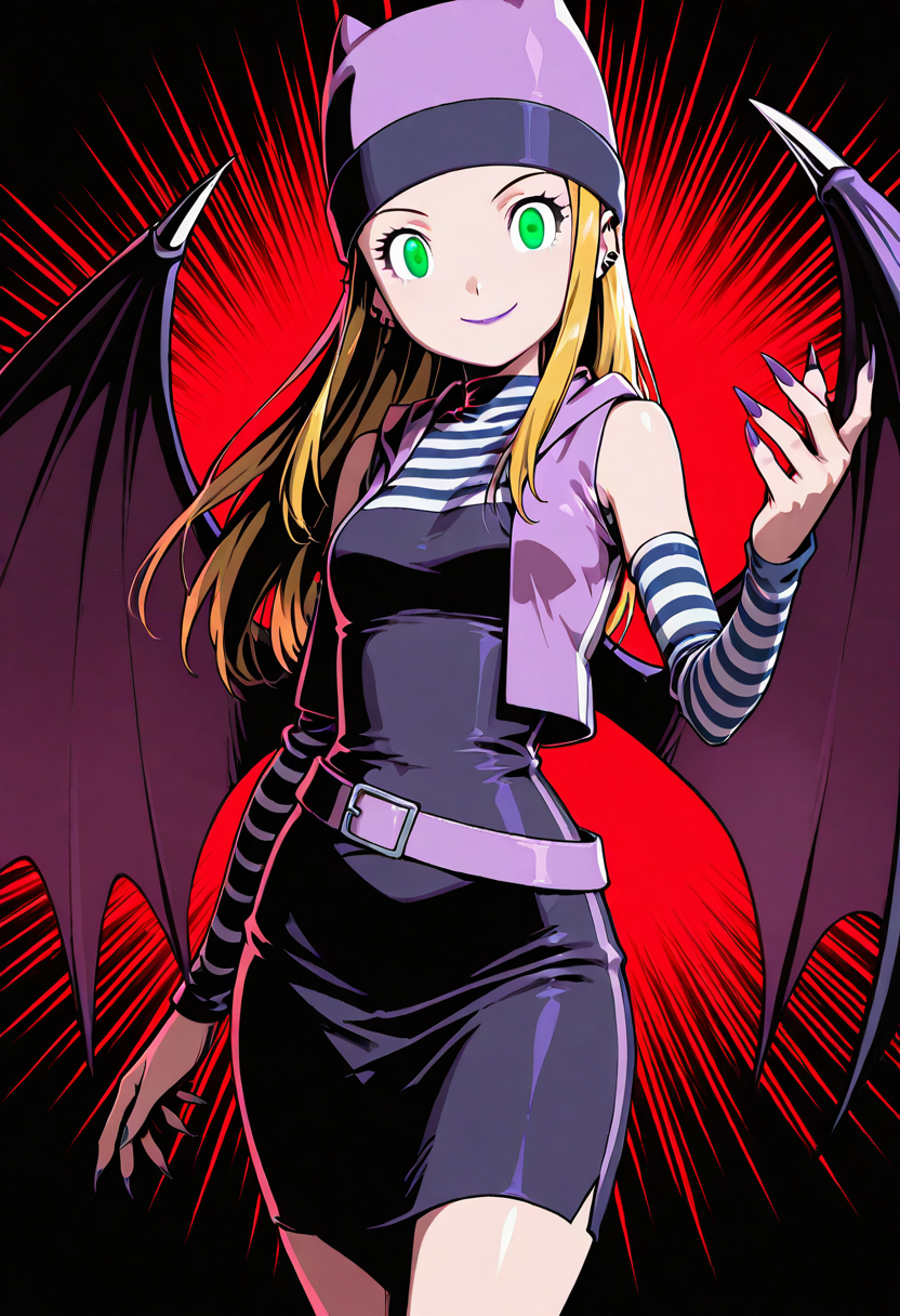 masterpiece, best quality, solo, curvy, beautiful eyes,      zzIzumi, perfect, green eyes, blonde hair, long hair,   purple vest, striped shirt, hat, skirt, smile,  sharp hatching (texture) adding depth to her bat wings and detached sleeves, bold lines defining the curves of her dark dress and multiple belts, high contrast shading emphasizing her striking purple lips and sharp fingernails, piercing eyes glowing menacingly, intense composition exuding dark, gothic power  ,<lora:OrimotoIzumiDigimon_IXL:1.0>,