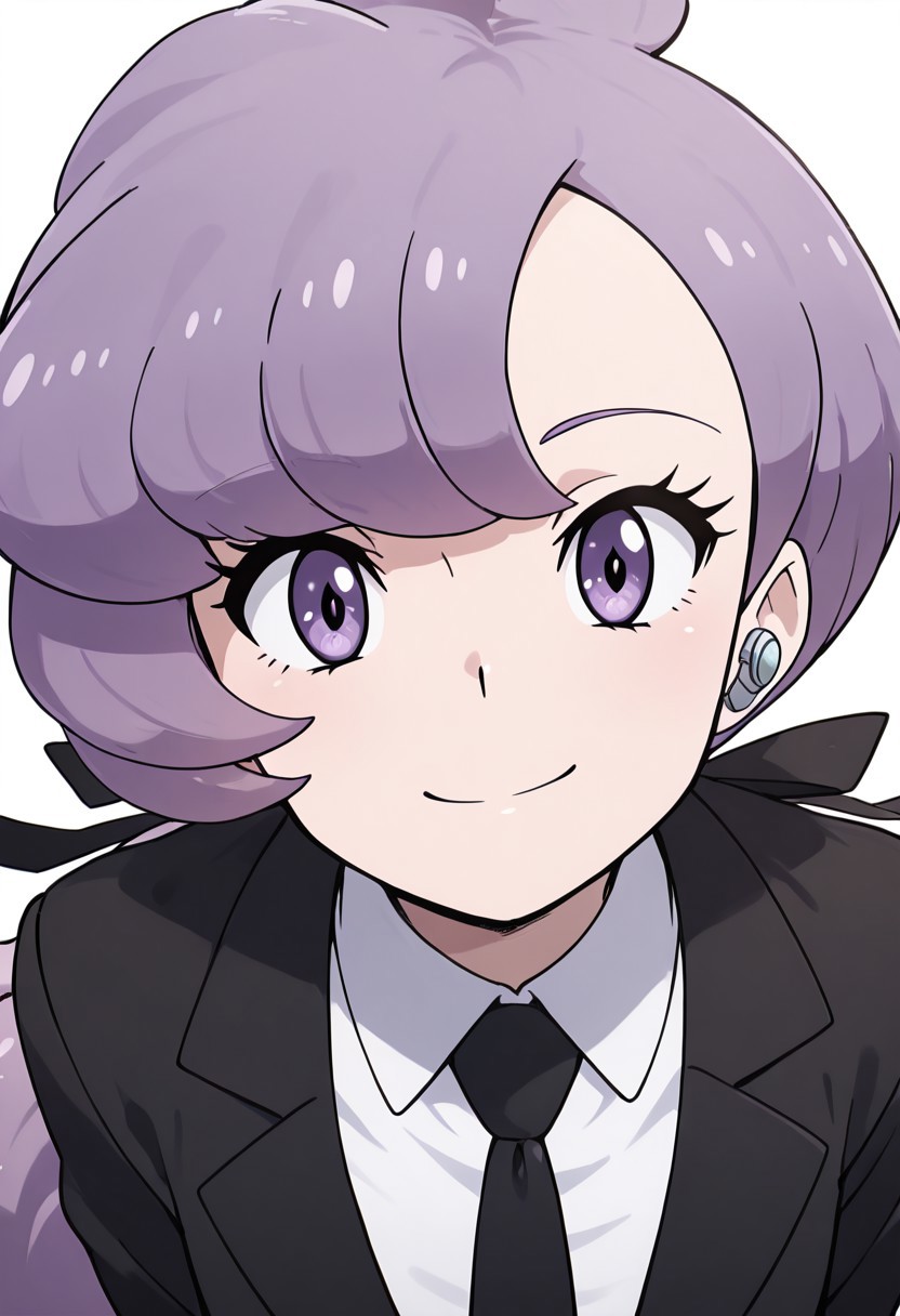 masterpiece, best quality, solo, curvy, beautiful eyes, girl, solo, smile, looking at viewer, dynamic pose, from below, (fisheye), foreshortening, close up,  (leaning forward, eye focus, anime screenshot, 
(upper body), white background,
zzAnabel, purple hair, purple eyes, long hair, ponytail, ribbon, hair ribbon, bangs,   black ribbon, black suit, formal, black tie,