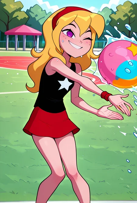 ((cartoon, screencap, )) <lora:lucysmall:1> lucysmall, solo, long hair, blonde hair, red hairband, black shirt, sleeveless, flat chest, star (symbol), purple eyes , tank top, wristband, miniskirt, red skirt, looking at viewer, dynamic pose, expressive face, facial expression, waterballoons, splash, summer, sun flare, splash effect, throwing water balloons, one eye closed, wet, outdoors, public park, public playground, facing forward, big smile, visible hands, throwing water balloons,, masterpiece, best quality, amazing quality, very aesthetic, absurdres, newest,