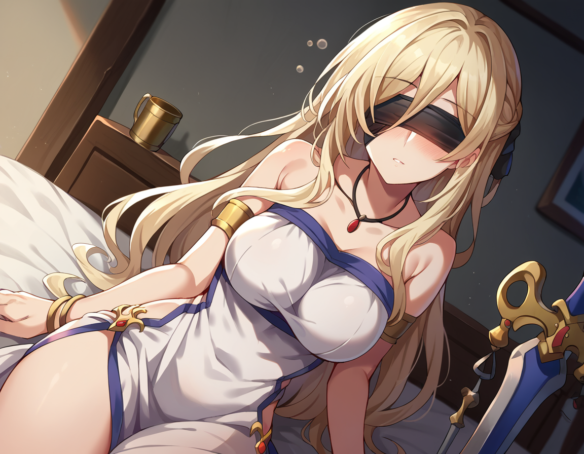 score_9, score_8_up, score_7_up, source_anime, 
swordmaiden, <lora:sword-maiden-ponyxl-lora-nochekaiser:1>, 
sword maiden, long hair, bangs, blonde hair, blindfold, covered eyes, black blindfold, 
dress, jewelry, weapon, sword, necklace, white dress, bare shoulders, collarbone, 
indoors, bed, bed room, on side, blush, drunk,
looking at viewer, cowboy shot, dutch angle,