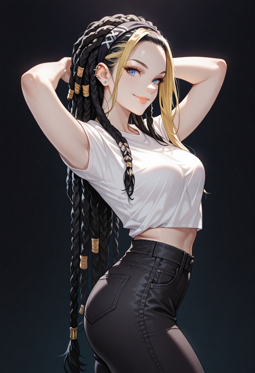 masterpiece, best quality, 32k, high resolution, absurdres, HD32k, masterpiece, 1girl, Lilian, LilianRH, very long hair, dual color hair (black-blonde), braids, forehead, dreadlocks, (black-blondes dreadlocks), (black hair tips) , hair band, blue eyes, pale skin, thin lips, ear piercings, medium breasts, thin waist, fit, detailed eyes, detailed lips, dark background, cowboy shot, pinup pose, posing sexy, white t-shirt, midriff, black denim pants, smiling, side view, posing cute, one hand behind head