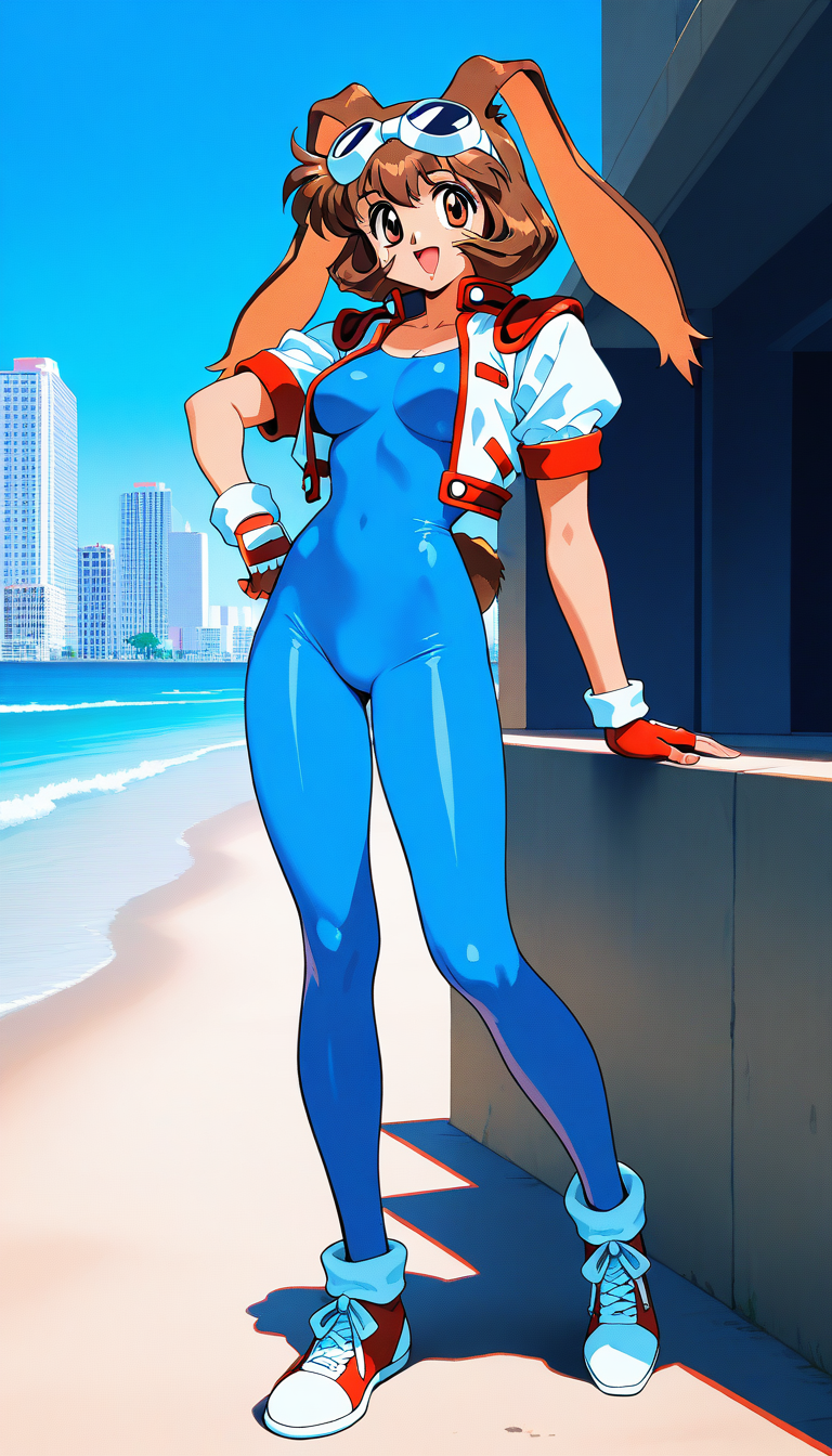 masterpiece, best quality, good quality, <lora:Makihara_Arina_IS:1>Makihara_Arina, brown hair, animal ears, goggles on head, rabbit ears, brown eyes, 1990s (style),  medium breasts,
1girl, solo, gloves,  fingerless gloves, sneakers, 
shoes, blue bodysuit, full body, smile, looking at viewer, open mouth, bodysuit, short sleeves, red footwear, cropped jacket, red gloves, bangs,
blue sky, beach, building,