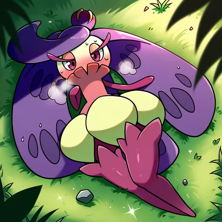 score_9_up, score_8_up, score_7_up, best quality, masterpiece, source_anime, soft shading, black background, jungle, grass, palm trees, rocks, moss, sparkles, BREAK 1girl, solo, tsareena, pokemon_(creature), shiny pokemon, flora fauna, purple hair, long hair, yellow head, eyelashes, pink eyeshadow, purple eyes, purple boots, wide hips, lying, from above, blush, sweat, breathing, <lora:PDXL_Tsareena_PKMN:0.9>