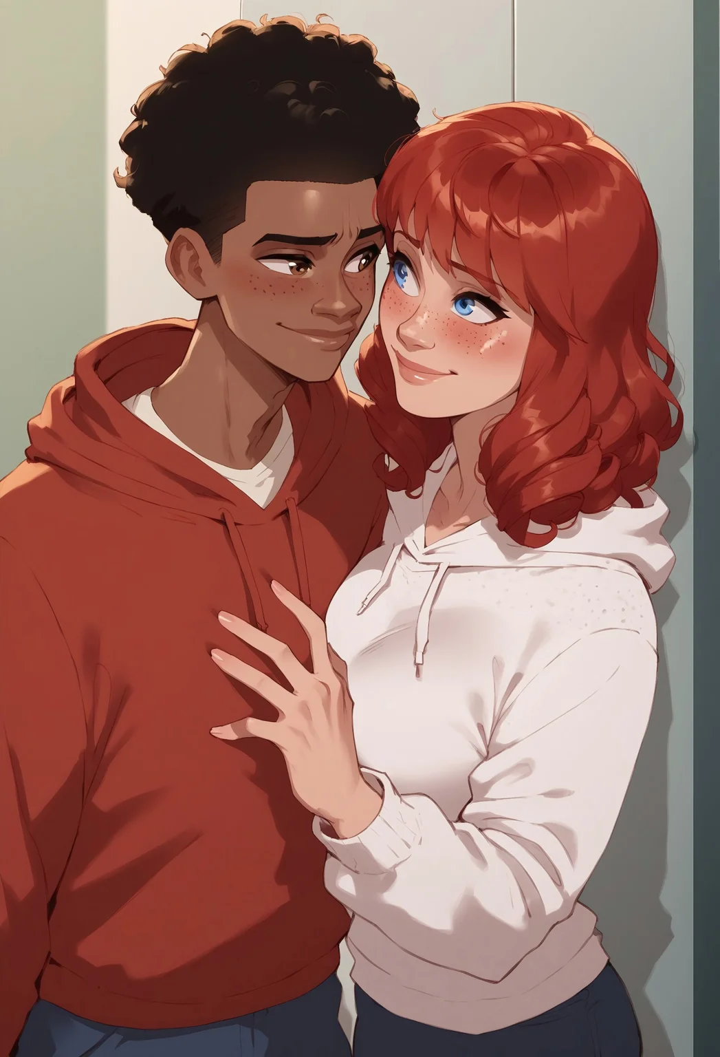 safe_pos, (score_9, score_8_up, score_7_up, score_6_up), Expressiveh, flat color, flat lighting, best quality, masterpiece, intricate details, ultra-detailed, high resolution,
... BREAK 1girl, ((Mary jane, blue eyes, ((freckles)), red hair, bangs, curly hair, slender body, ample breasts, clothed, yellow cable knit sweater)), mature, (blush, smile), standing, looking at boy,
... BREAK 1boy, ((miles morales,black hair,dark skin,dark-skinned male,brown eyes, slender body, athletic body, clothed, green hoodie)), groping, looking at girl, elevator, same height, fullbody,