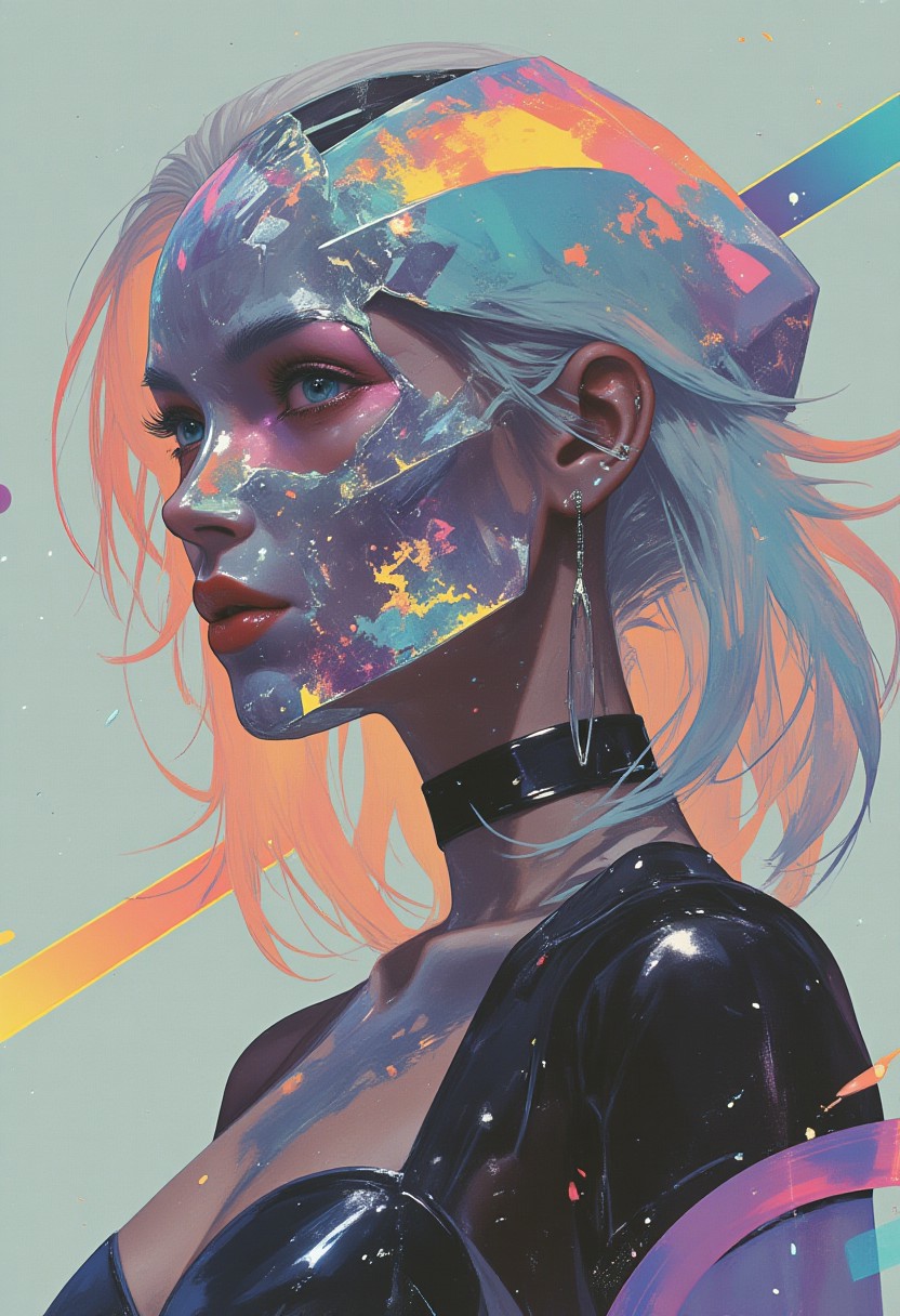 A highly stylized, high-resolution photograph featuring a futuristic woman with a bold, avant-garde aesthetic. Her face is concealed by a sleek, crystalline skull mask sculpted with sharp, angular facets, resembling a fractured gemstone. The translucent mask shimmers in dazzling hues of hot pink, electric blue, and neon yellow, refracting light in a mesmerizing display of color. The skull design is abstract, with jagged openings for the eyes and mouth, giving it an otherworldly appearance. Her piercing emerald-green eyes glow through the crystalline structure, adding intensity to her presence. Her long, wavy platinum-blonde hair cascades freely over her shoulders, catching the vivid lights around her. She wears a form-fitting, iridescent bodysuit that shifts between shades of turquoise, magenta, and gold, accentuating her futuristic aesthetic. The background explodes with a bright, neon gradient of fuchsia, cyan, and tangerine, resembling a digital dreamscape pulsing with vibrant energy. Every detail, from the prismatic reflections of the mask to the metallic sheen of her outfit, is rendered with hyper-realistic precision. The fusion of cyberpunk, surrealism, and high-fashion elements transforms the scene into a striking piece of living visual art.