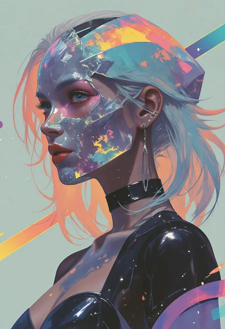 A highly stylized, high-resolution photograph featuring a futuristic woman with a bold, avant-garde aesthetic. Her face is concealed by a sleek, crystalline skull mask sculpted with sharp, angular facets, resembling a fractured gemstone. The translucent mask shimmers in dazzling hues of hot pink, electric blue, and neon yellow, refracting light in a mesmerizing display of color. The skull design is abstract, with jagged openings for the eyes and mouth, giving it an otherworldly appearance. Her piercing emerald-green eyes glow through the crystalline structure, adding intensity to her presence. Her long, wavy platinum-blonde hair cascades freely over her shoulders, catching the vivid lights around her. She wears a form-fitting, iridescent bodysuit that shifts between shades of turquoise, magenta, and gold, accentuating her futuristic aesthetic. The background explodes with a bright, neon gradient of fuchsia, cyan, and tangerine, resembling a digital dreamscape pulsing with vibrant energy. Every detail, from the prismatic reflections of the mask to the metallic sheen of her outfit, is rendered with hyper-realistic precision. The fusion of cyberpunk, surrealism, and high-fashion elements transforms the scene into a striking piece of living visual art.