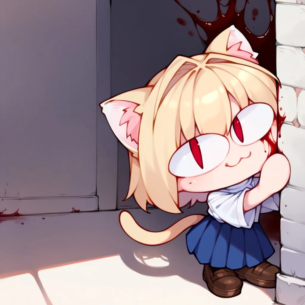 <lora:PeekingOut_pdxl_Incrs_v1:1>, ng_deepnegative_v1_64t, score_9, score_8_up, score_7_up, Expressiveh, very detailed, white outline, arms crossed, smug, high quality, necoarc, blonde hair, red eyes, slit pupils, cat ears, :3, chibi, turtleneck, tail, close up, white shirt, blue skirt, pleated skirt, pantyhose, brown footwear, circle hands, peeking out, blood on cheek, blood on wall, blood peeking out, shadow with evil face
